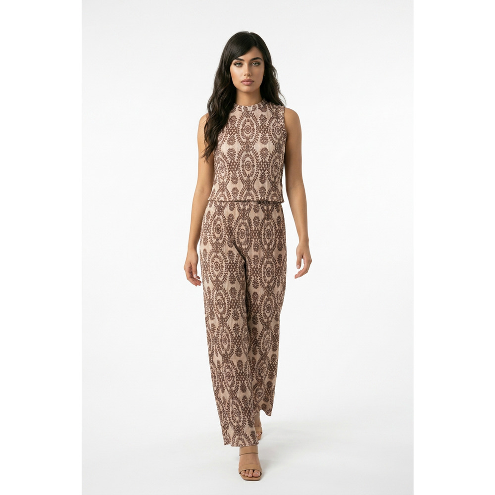 Love Poem Crinkle Set Boho Medallion Crop Top & Wide Leg Pants Taupe Size M
